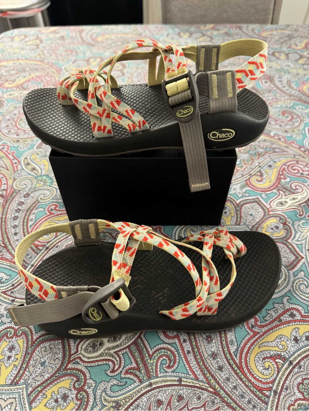 Chaco Women's Sport Sandals in Cream and Red with Black Footbed